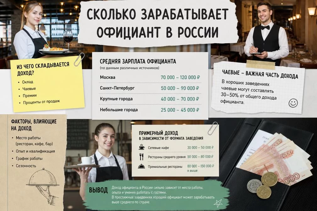 Сколько зарабатывает официант в России в 2026 году Сколько зарабатывает официант в России в 2026 году