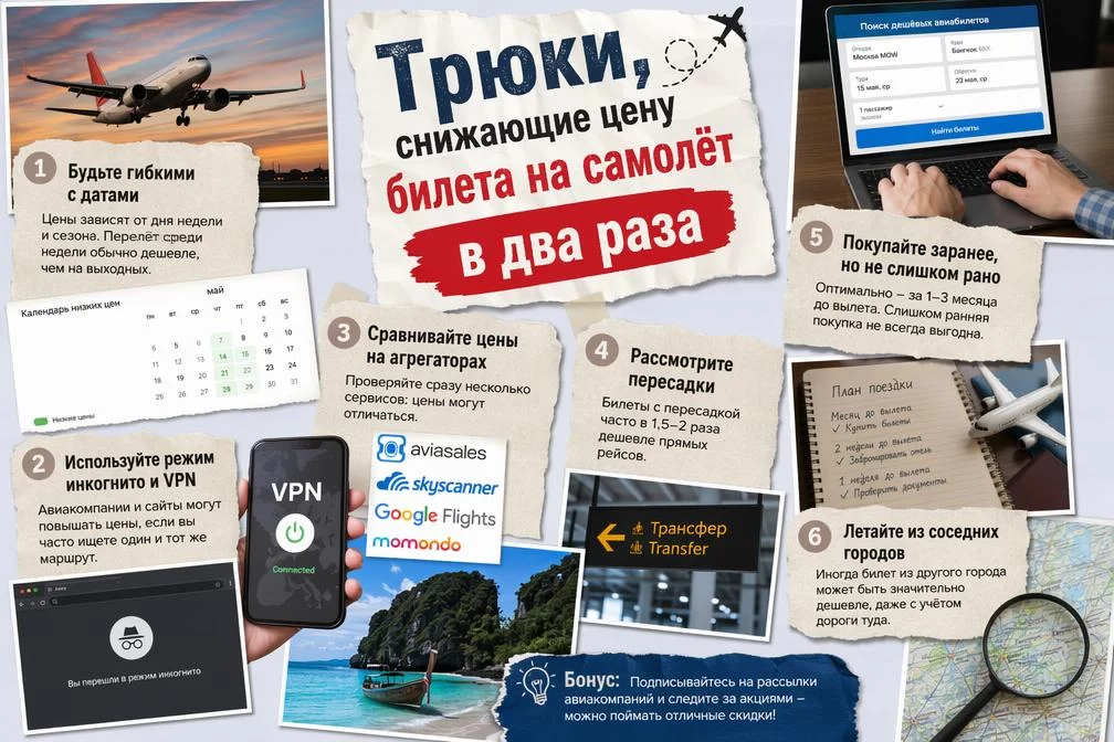 Трюки, снижающие цену билета на самолёт в два раза Трюки, снижающие цену билета на самолёт в два раза